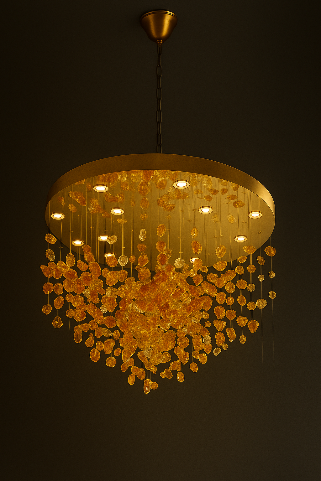 Amber crystal chandelier with modern round gold frame glowing warmly in a dark luxury interior.