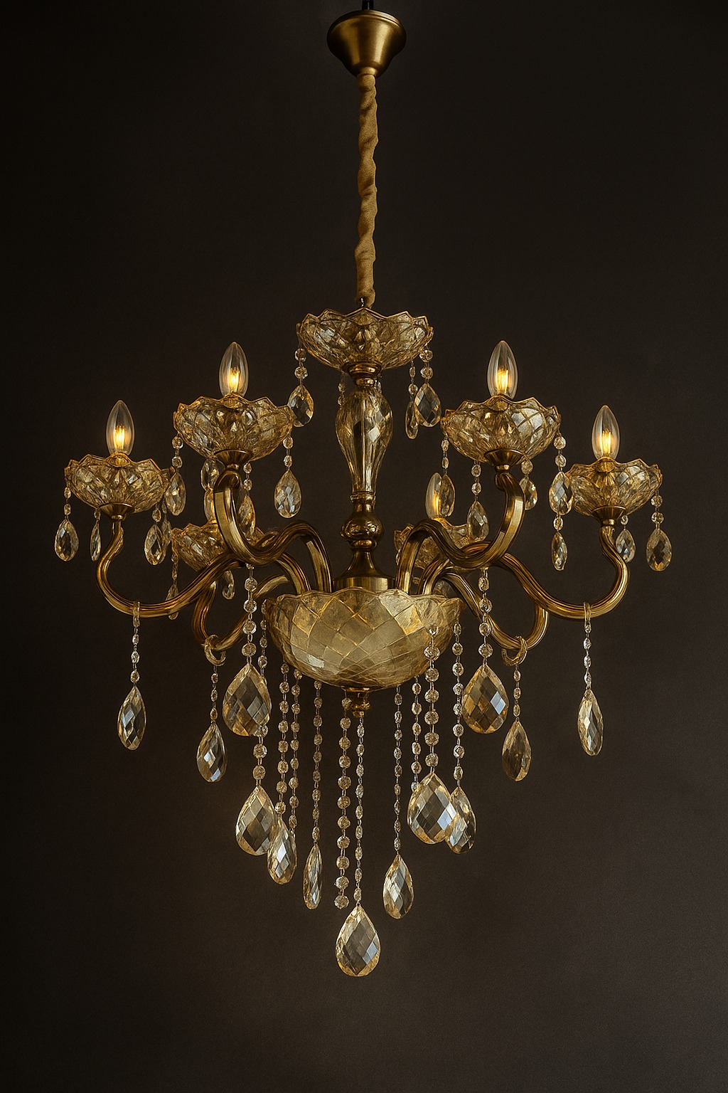 Royal crystal chandelier with hanging glass droplets on a dark luxury background