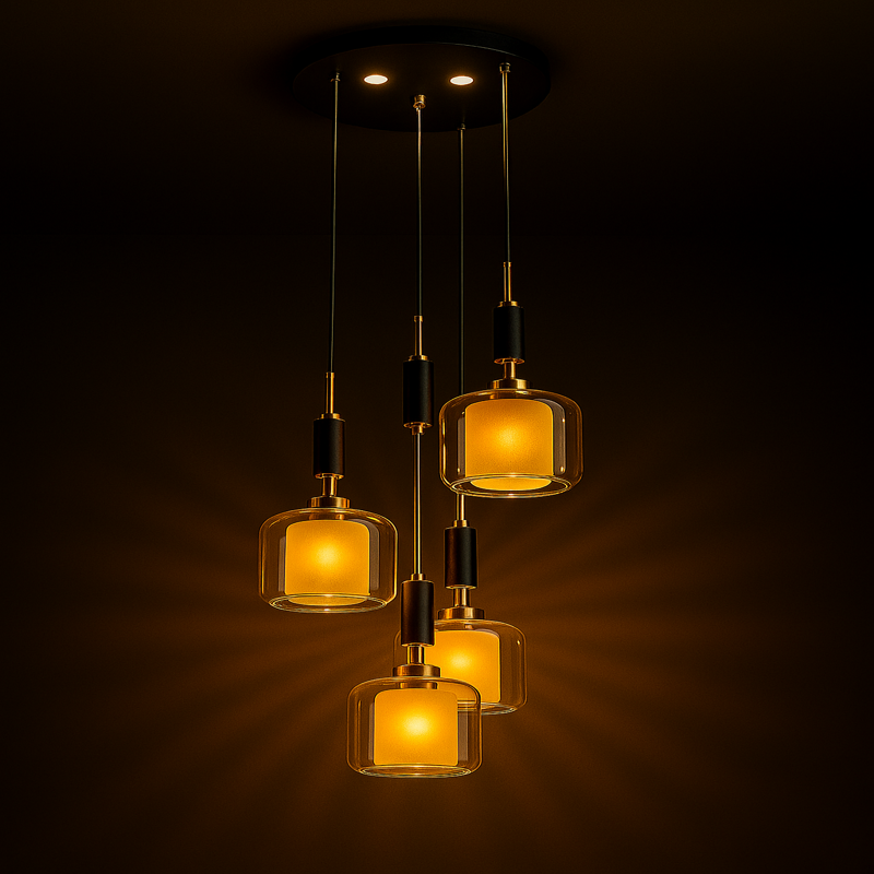 Modern amber glass pendant chandelier with warm golden light, suspended from black ceiling mount, casting elegant radial shadows on a dark background.
