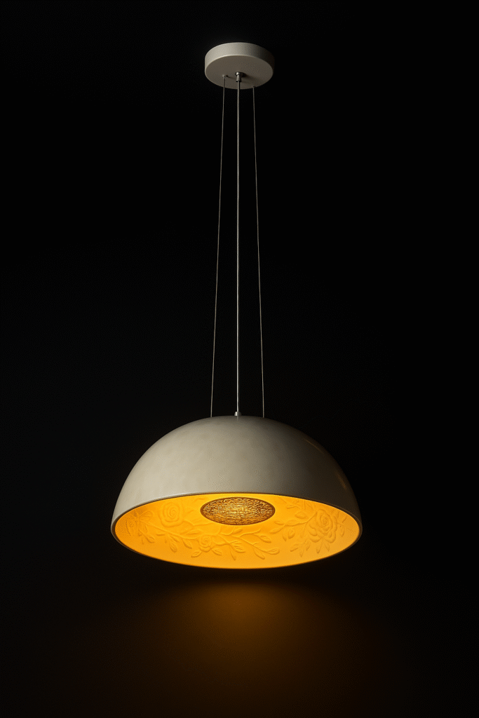 Elegant dome-shaped pendant light illuminating a cozy living room with warm yellow glow