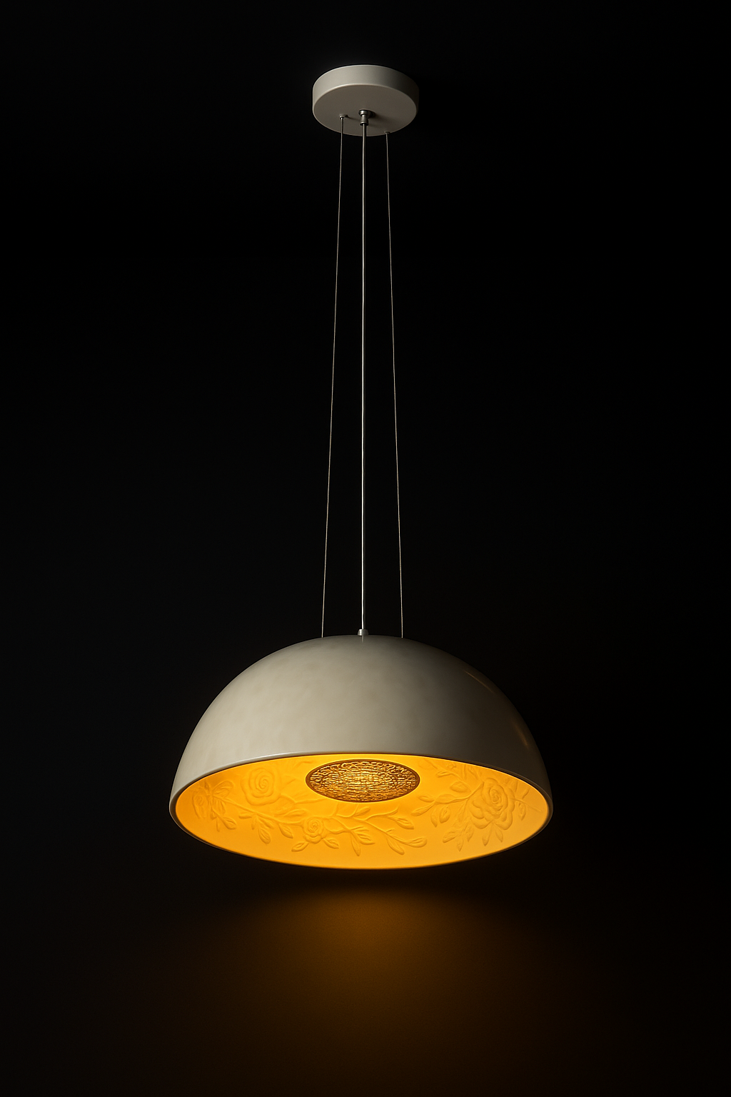 Elegant dome-shaped pendant light illuminating a cozy living room with warm yellow glow
